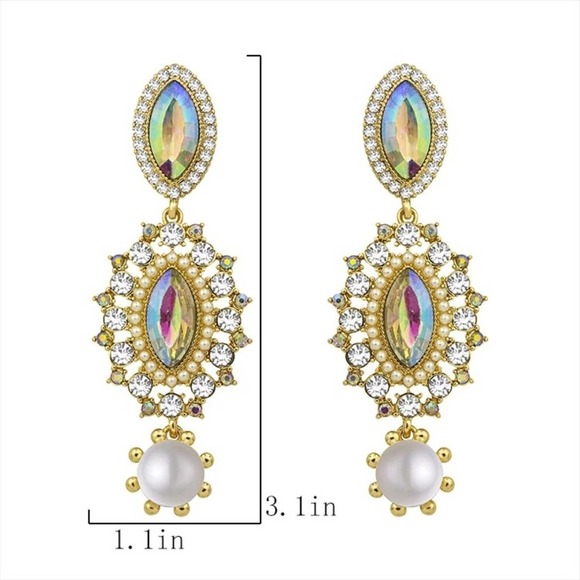 Luxurious Faux Pearl Zircon Large Statement Earrings 18k Gold Plated - Picture 3 of 8
